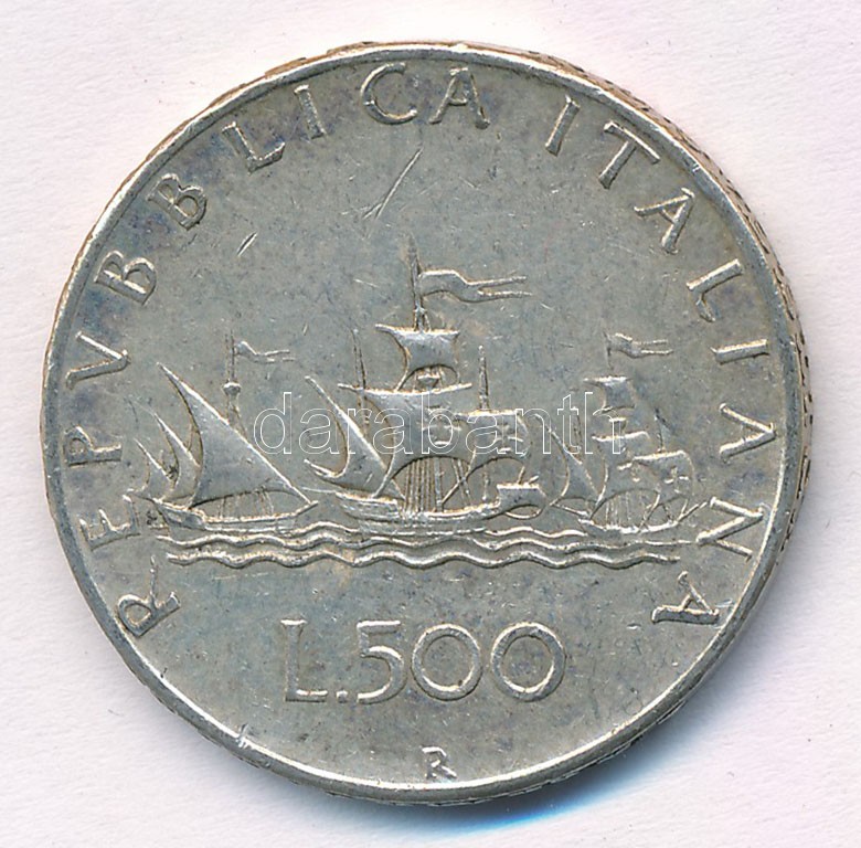 Olaszország 1964R 500L Ag 'Kolumbusz hajói' T:2 patina, karc Italy 1964R 500 Lire Ag 'Columbus' Ships' C:XF patina, scratch Krause KM#98 - Image 2