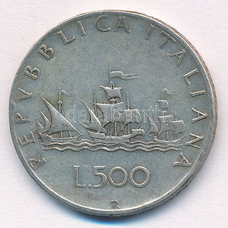 Olaszország 1961R 500L Ag 'Kolumbusz hajói' T:2,2- patina Italy 1961R 500 Lire Ag 'Columbus' Ships' C:XF,VF patina Krause KM#98 - Image 2