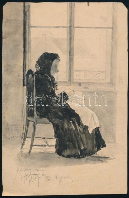 Kézdi Kovács László (1864-1942): Fánny néni, Budapest, 1887. Tus, ceruza, papír. Jelezve balra lent. 21×14 cm.