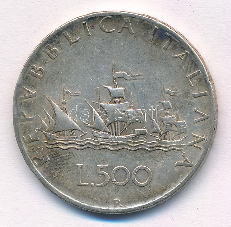 Olaszország 1958R 500L Ag 'Kolumbusz hajói' T:2 patina, karc Italy 1958R 500 Lire Ag 'Columbus' Ships' C:XF patina, scratch Krause KM#98 - Image 2