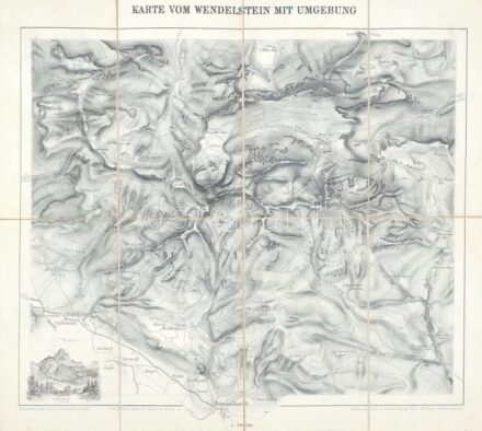 cca 1890 Wendelstein és környéke litografált térkép a hegycsúcs képével vászonra kasírozva. 37x31 cm