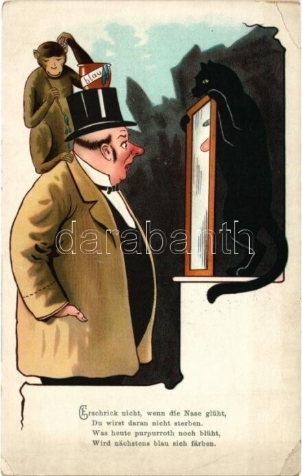 Erschrick nicht, wenn die Nase glüht... / Humoros lap részeg férfivel majommal és fekete macskával / Humorous drunk man, monkey, black cat. A. Sala litho (EK)