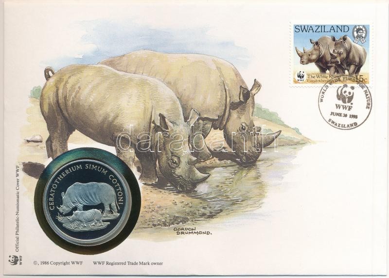 Szváziföld DN (1991) 'A Világ Vadvédelmi Alap (WWF) 30. évfordulója - Ceratotherium Simum Cottoni (Északi szélesszájú orrszarvú)' kétoldalas Cu-Ni emlékérem érmés borítékban, bélyeggel és bélyegzéssel, német nyelvű