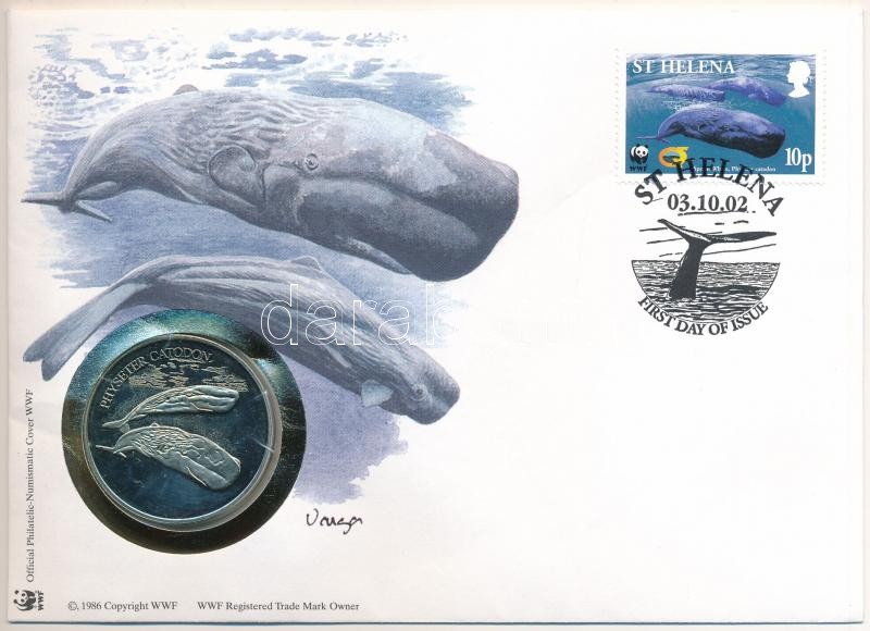 Szent Ilona-sziget DN (1991) 'A Világ Vadvédelmi Alap (WWF) 30. évfordulója - Physeter Catodon (Nagy ámbráscet)' kétoldalas Cu-Ni emlékérem érmés borítékban, bélyeggel és bélyegzéssel, német nyelvű ismertetővel T:PP St. Helena