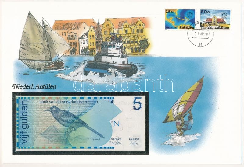 Holland-Antillák 1986. 5G borítékban, alkalmi bélyeggel és bélyegzéssel T:I Netherlands Antilles 1986. 5 Gulden in envelope with stamps and cancellations C:UNC