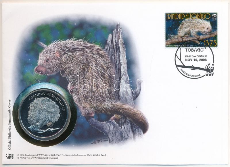 Trinidad és Tobago DN (1991) 'A Világ Vadvédelmi Alap (WWF) 30. évfordulója - Coendou Prehensilis (Amazoni kúszósül)' kétoldalas fém emlékérem érmés borítékban, bélyeggel és bélyegzéssel, német nyelvű ismertetővel T:PP