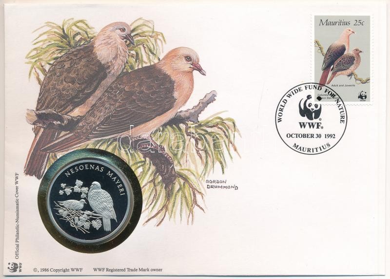 Mauritius DN (1991) 'A Világ Vadvédelmi Alap (WWF) 30. évfordulója - Nesoenas Mayeri (Rózsás galamb)' kétoldalas fém emlékérem érmés borítékban, bélyeggel és bélyegzéssel, német nyelvű ismertetővel T:PP kis patina Mauritius ND
