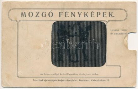 1909 Mozgó Fényképek - Lassan húzni és visszatolni. Amerikai újdonságok terjesztő-vállalat, Budapest, Csányi utca 12. Mechanikus reklám képeslap / mechanical advertising postcard - pull slowly then push back (kis szakadás / small tear)