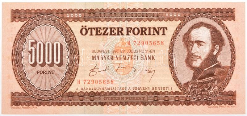 1990. 5000Ft 'H 72905658' nyomdai papírráncokkal T:I,I- hullámos papír Adamo F49