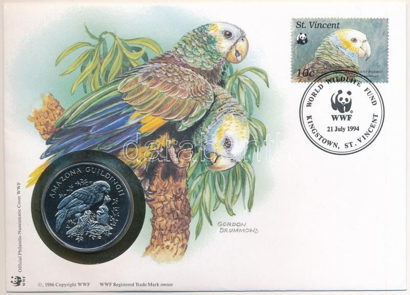 Kelet-Karibi Államok / Saint Vincent DN (1991) 'A Világ Vadvédelmi Alap (WWF) 30. évfordulója - Amazona Guildingii (Királyamazon)' kétoldalas fém emlékérem érmés borítékban, bélyeggel és bélyegzéssel, német nyelvű ismertetővel