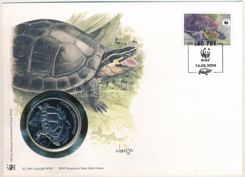 Laosz DN (1991) 'A Világ Vadvédelmi Alap (WWF) 30. évfordulója - Cuora Amboinensis' kétoldalas fém emlékérem érmés borítékban, bélyeggel és bélyegzéssel, német nyelvű ismertetővel T:1 Laos ND (1991) '30th Anniversary of the