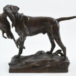 Markup Béla (1873-1945): Vadász kutya. Öntött, patinázott bronz, jelzett, öntödejel, hibátlan, m: 22cm, h: 28 cm