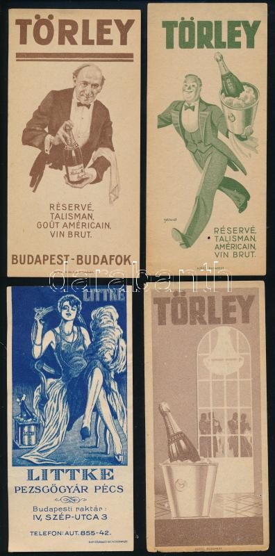 4 db Törley és Littke pezsgő számolócédula, közte egy Gönczi-Gebhardt Tibor grafikájával illusztrált