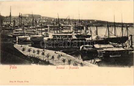 Pola, Pula; Osztrák-magyar hadihajók arzenálja a kikötőben / K.u.K. Kriegsmarine / Austro-Hungarian Navy warships' arsenal at the port. Dep. M. Clapis