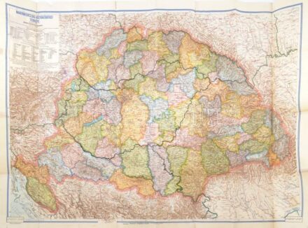 cca 1920 Magyarország közigazgatási térképe, rajta a 'trianoni ideiglenes határ'. Terv.: Kogutowicz Manó. 1 : 900.000. Bp., Magyar Földrajzi Intézet Rt., sérülésekkel, ragasztott, 116x83 cm