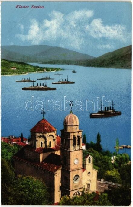 Herceg Novi, Castelnuovo; Kloster Savina, K.u.K. Kriegsmarine Flotte / Austro-Hungarian Navy fleet in the port / Osztrák-magyar hadihajó flotta lehorgonyozva a kikötőben