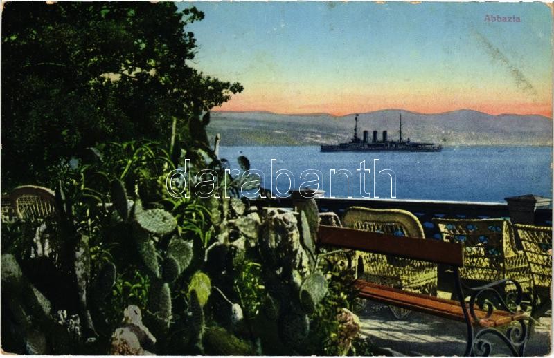 Abbazia, Opatija; K.u.K. Kriegsmarine Kriegsschiff / Austro-Hungarian Navy warship / Osztrák-magyar hadihajó lehorgonyozva a kikötőben