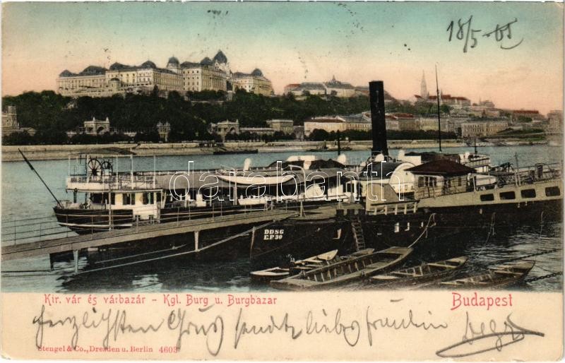 1905 Budapest I. Királyi vár és várbazár a pesti rakpartról nézve, 'FIUME' oldalkerekes személyszállító gőzhajó