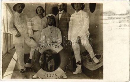 1914 'ATLANTICA' (Atlantica Tengerhajózási Rt. Fiume) egycsavaros tengeri áruszállító gőzhajó fedélzete a legénységgel / Crew on board of the 'ATLANTICA' (Atlantica Sea Navigation Ltd. Fiume) cargo steamship. photo (EK)