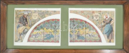 cca 1905-10 Georg Sturm (1855-1923) akvarellje után: Mezőgazdaság (Landwirtschaft), Jugendstil/art nouveau (szecessziós) üvegablak terv a Dekorative Vorbilder sorozatból. Nyomat, papír. Üvegezett fakeretben, 2x24x29 cm