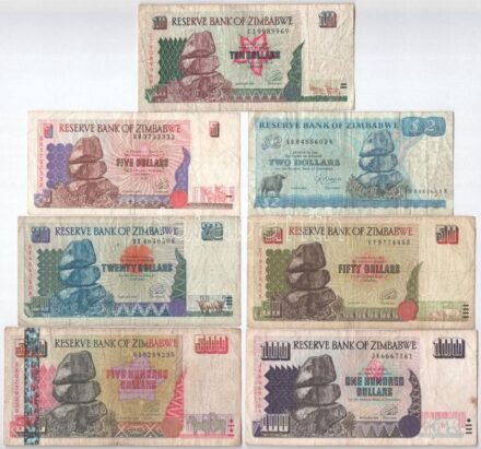 Zimbabwe 1983. 5$ + 1994. 50$ + 1995. 100$ + 1997. 5$ + 10$ + 20$ + 2001. 500$ T:III,III- Zimbabwe 1983. 5 Dollar + 1994. 50 Dollar + 1995. 100 Dollar + 1997. 5 Dollar + 10 Dollar + 20 Dollar + 2001. 500 Dollar C:F,VG