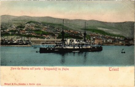 Nave da Guerra nell porto / Kriegsschiff im Hafen. K.u.K. Kriegsmarine / SMS Mária Terézia az Osztrák-Magyar Haditengerészet páncélos cirkálója Trieszt kikötőjében / Austro-Hungarian Navy SMS Kaiserin und Königin Maria Theresia armored