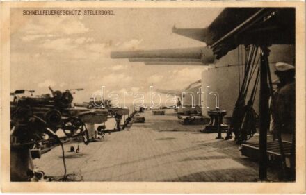 Schnellfeuergeschütz Steuerbord K.u.K. Kriegsmarine / Az Osztrák-Magyar Haditengerészet Tegetthoff-osztályú csatahajójának gyorstüzelő ágyúi / WWI Austro-Hungarian Navy Tegetthoff-class dreadnought battleship's quick-firing guns. Phot.