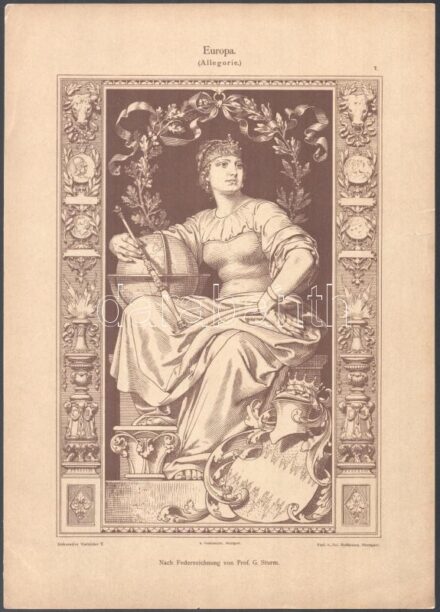 cca 1900 Georg Sturm (1855-1923) tollrajza után: Európa, Afrika és Amerika allegorikus ábrázolása, 3 db nyomat a Dekorative Vorbilder sorozatból papíron. Egyik lap szélén nyomatot nem érintő szakadással. Lapméret: 35x25 cm