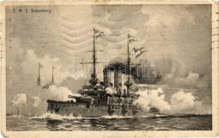 SMS Babenberg az Osztrák-Magyar Haditengerészet Habsburg-osztályú pre-dreadnought csatahajója. Hátoldalon litho zászló / K.u.K. Kriegsmarine Linienschiff. F.W. Schrinner 1912 / Austro-Hungarian Navy SMS Babenberg pre-dreadnought battleship,