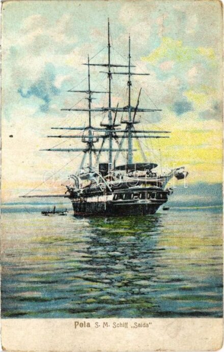 SMS Saida az Osztrák-Magyar Haditengerészet vitorlás korvettje Polánál / K.u.K. Kriegsmarine, Schraubenkorvette / Austro-Hungarian Navy, SMS Saida sailing corvette in Pula. Dep. A. Bonetti 5620. (EK)