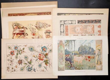 cca 1900-1910 Dekorative Vorbilder, 20 db többségében szecessziós ornamentikával, illusztrációkkal díszített nyomat. Ebből 1 db František Kupka (1871-1957) cseh festő munkája. Néhány lap széle kissé sérült és kissé foltos.