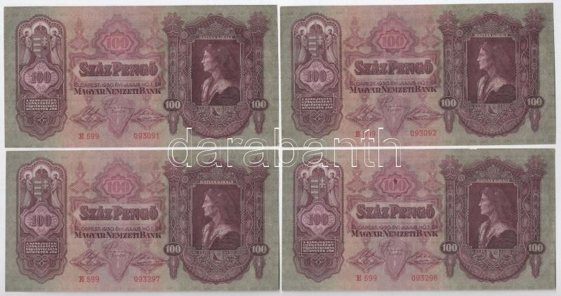 1930. 100P (4x) ' E 599 093291 - E 599 093292, E 599 093297 - E 599 093298,' páronként sorszámkövetők T:II,II- Adamo P17
