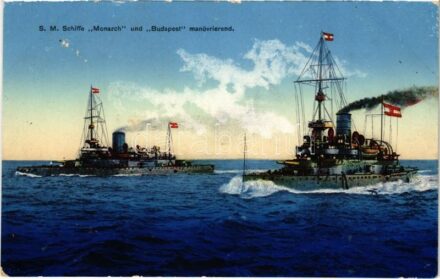 SMS Budapest és SMS Monarch az Osztrák-Magyar Haditengerészet Monarch-osztályú partvédő csatahajók / K.u.K. Kriegsmarine SM Schiffe 'Monarch' und 'Budapest' manövrierend / WWI Austro-Hungarian Navy, Monarch-class coastal defense ships. G.