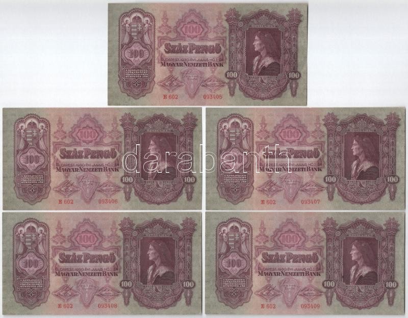 1930. 100P (5x) 'E 602 093405 - E 602 093409 ', sorszámkövetők T:II-III mind szép papír! Adamo P17