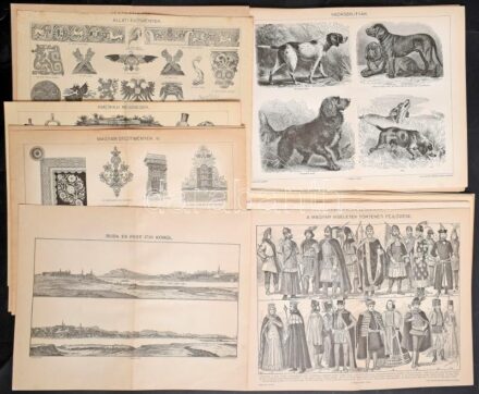 cca 1890-1900 15 db vegyes illusztráció a Pallas lexikonból, (vadászkutyák, budapesti szobrok, cirkálóhajók, Buda és Pest 1730 körül stb.), helyenként kissé foltos, néhány lap kissé sérült, 30x24 cm körüli méretben