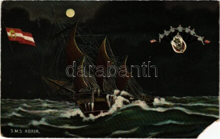 1909 SMS Adria az Osztrák-Magyar Haditengerészet csavaros fregattja este, matrózok és zászló / K.u.K. Kriegsmarine Schraubenfregatte (gedeckte Korvette) / SMS Adria Austro-Hungarian Navy screw frigate at night, mariners, naval flag. G. Fano