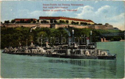 1915 Donauflottille bei Festung Peterwardein. K.u.K. Kriegsmarine / Osztrák-Magyar Haditengerészet Dunaflottilla hadihajói Pétervárad váránál. Singer J. udvari fényképész / Austro-Hungarian Navy Danube Fleet river guard ships near