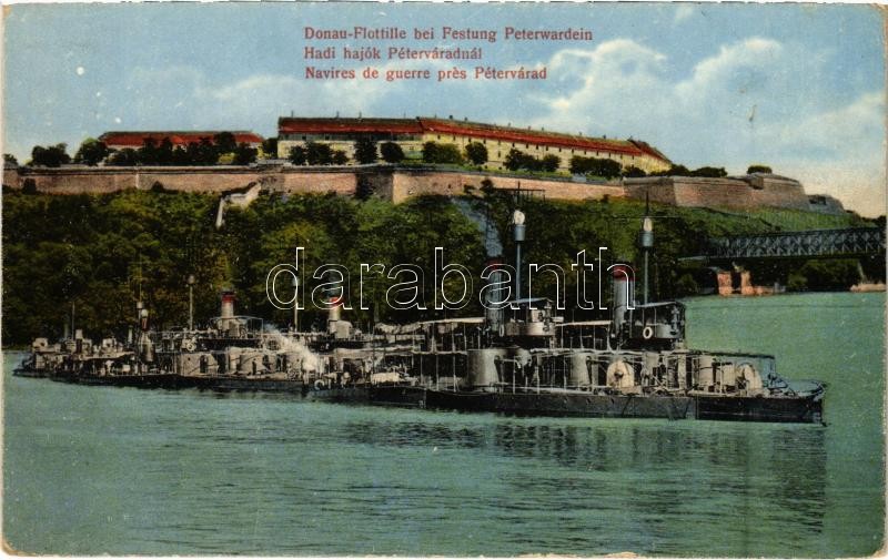 1915 Donauflottille bei Festung Peterwardein. K.u.K. Kriegsmarine / Osztrák-Magyar Haditengerészet Dunaflottilla hadihajói Pétervárad váránál. Singer J. udvari fényképész / Austro-Hungarian Navy Danube Fleet river guard ships near