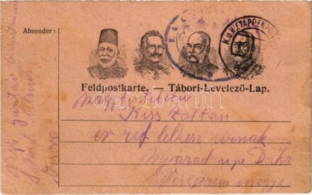1917 Első világháborús tábori postai levelezőlap a Központi Hatalmak uralkodóival: V. Mehmed, I. Ferdinánd, II. Vilmos, Ferenc József / WWI Austro-Hungarian K.u.K. military field postcard, Viribus Unitis and Central Powers propaganda: