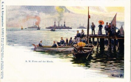 S.M. Flotte auf der Rhede. K.u.K. Kriegsmarine XXVI/2. Wiener Künstler-Postkarte. Druck und Verlag Philipp & Kramer / Austro-Hungarian Navy fleet, rowing mariners s: Kircher