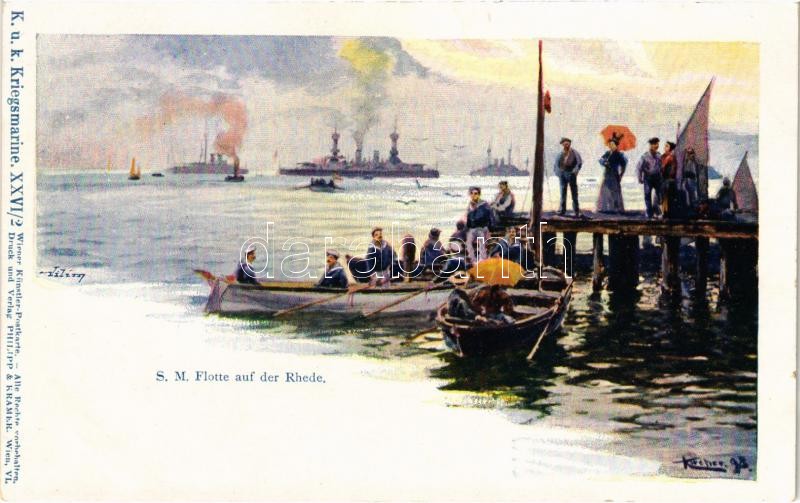 S.M. Flotte auf der Rhede. K.u.K. Kriegsmarine XXVI/2. Wiener Künstler-Postkarte. Druck und Verlag Philipp & Kramer / Austro-Hungarian Navy fleet, rowing mariners s: Kircher