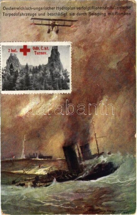 Österreichisch-ungarischer Hydroplan verfolgt fliehende Italienische Torpedofahrzeuge und beschädigt sie durch Belegung mit Bomben. K.u.K. Kriegsmarine Seeflugzeug. Offizielle Karte für Rotes Kreuz. Kriegsfürsorgeamt Kriegshilfsbüro Nr. 158. /