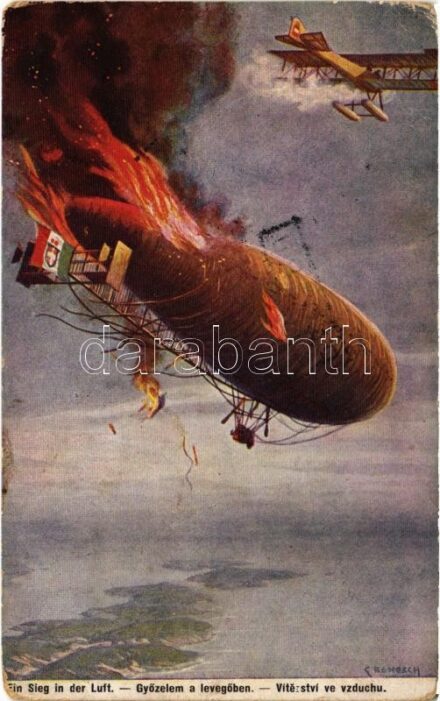 1916 Győzelem a levegőben, olasz léghajót lelövő hidroplán / Ein Sieg in der Luft, K.u.K. Kriegsmarine Seeflugzeug (Marineflugzeug) / WWI Austro-Hungarian Navy seaplane, naval aircraft shooting down an Italian military airship. G.G.W.II. Nr.