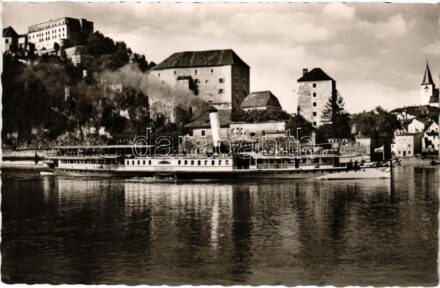 1955 Passau, Ober und Niederhaus / 'BUDAPEST' oldalkerekes gőzhajó / Hungarian steamship