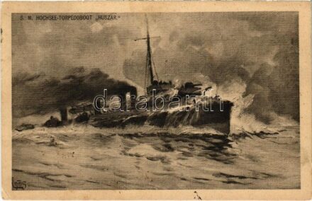 SMS Huszár az Osztrák-Magyar Haditengerészet Huszár-osztályú rombolója, hátoldalon litho zászló / K.u.K. Kriegsmarine SM Hochsee-Torpedoboot Huszár / WWI Austro-Hungarian Navy SMS Huszár torpedo destroyer, litho flag on the backside.