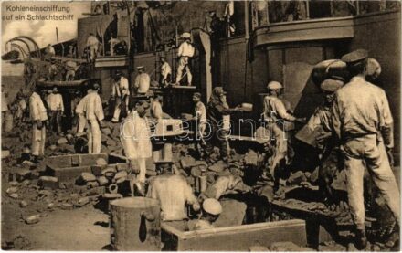 K.u.K. Kriegsmarine Kohleneinschiffung / Austro-Hungarian Navy, coal embarkation in Pula, mariners loading coal / Osztrák-magyar haditengerészet, matrózok szénrakodás közben. Jos. Krmpotic Pola 1910. No. 59.