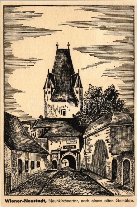 1946 Wiener Neustadt, Bécsújhely; Neunkirchentor nach einem alten Gemälde. Bundesministerium für Soziale Verwaltung Sozial-Akademie Ausstellung 'Das Notstandsgebiet Wiener Neustadt'