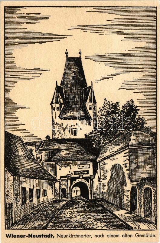 1946 Wiener Neustadt, Bécsújhely; Neunkirchentor nach einem alten Gemälde. Bundesministerium für Soziale Verwaltung Sozial-Akademie Ausstellung 'Das Notstandsgebiet Wiener Neustadt'