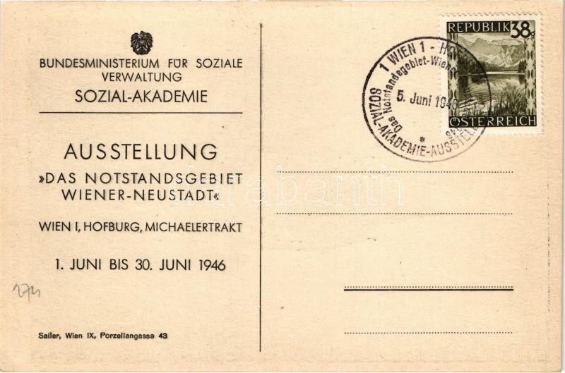 1946 Wiener Neustadt, Bécsújhely; Neunkirchentor nach einem alten Gemälde. Bundesministerium für Soziale Verwaltung Sozial-Akademie Ausstellung 'Das Notstandsgebiet Wiener Neustadt' - Image 2