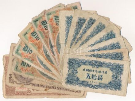Vegyes 15db-os külföldi bankjegy tétel, közte Észak-Korea 1947. 50c (8x) + 1W (5x) + Kínai Köztársaság 1949. 50Y + Vietnám / Észak-Vietnám 1951. 50D T:III- közte folt, szakadás, anyaghiány 15pcs of mixed foreign banknote lot, in it